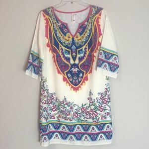 Pink Owl Boho Shift Dress women size small floral,  Artsy 3/4 sleeves